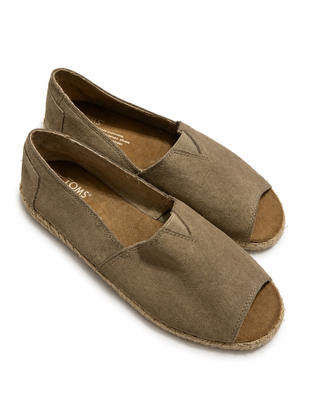TOMS Suede Espadrille Flats Size 7 Taupe Open Toe Slip-On Casual Comfort Shoes